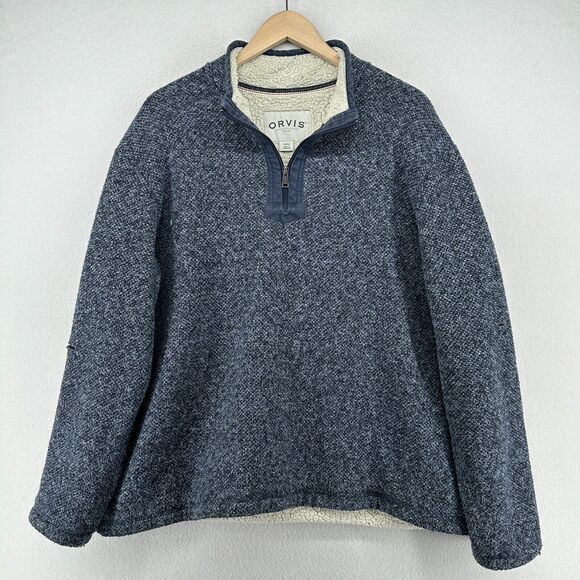 ORVIS Sweater Mens XL Brighton Sherpa Fleece Lined 1/4 Zip Marled Pullover Blue - Picture 2 of 16